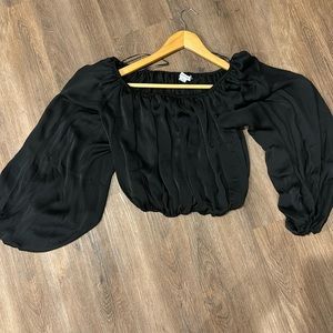 Black Satin Bubble Sleeve Blouse